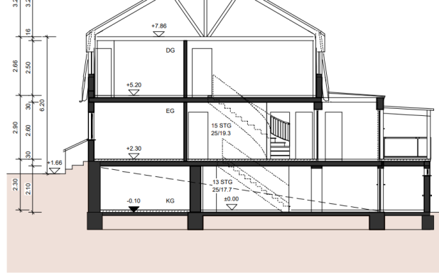 Schnittansicht eines Hauses mit Treppe, Fenstern und strukturellen Details.