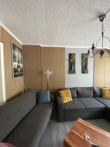 Moderne Wohnung mit grauem Sofa, weißen Wänden und dezenten Deko-Elementen.